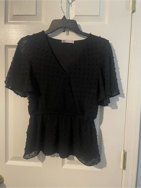 SO Black Textured Dot Peplum Wrap Top